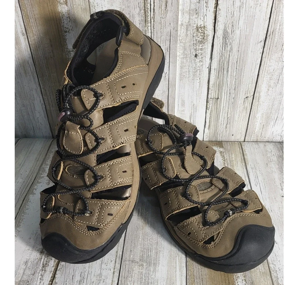 Magellan Outdoors Mens Fisherman Sandals Closed Toe Water Shoes Beige Black 9D